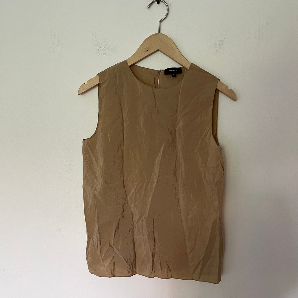 Theory Sleeveless Crinkle Shell Top Camel Tan Size P Round Neck Keyhole Back